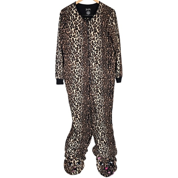Nick & Nora Adult One Piece Cat Footed Pajamas Leopard Fleece Sleepwear‎ M - Picture 1 of 7